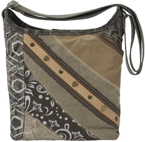 Sunsa Taschen Damen. Patchwork Umhängetasche aus Canvas/Leinwand & Leder | Handtasche Patchwork Design. Mittelgroße Damentasche mit viel Fächer. Crossbody als Geschenkideen für Frauen