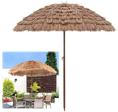 GUOGLZ 240cm /7.5ft Hawaii Parasol | Tiltable Ground Spike | Large Round Straw Raffia Tiki Umbrella | Garden Camping