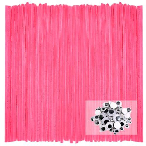 TOAOB Pipe Cleaners Fluorescent Pink for Crafting 200 Pieces Chenille Wire Pipe Cleaners Long 30cm X 6mm Pipe Cleaners for Crafting with Wobble Eyes Self-Adhesive for DIY Craft Projects