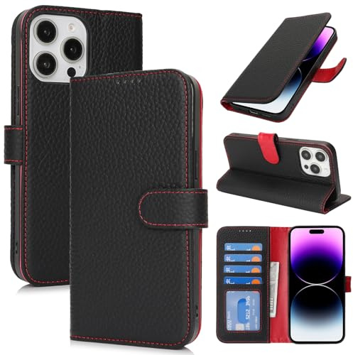 Zouzt Leather Wallet Case for iPhone 14 Pro Max, 4 Card Slot, Black & Red | Genuine Leather, Card Holder, Shockproof TPU Shell, Magnetic Closure, Protective Flip Folio Phone Cover, For Women Men