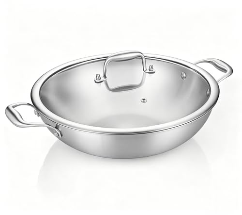 Nontoxicook 28cm Tri-Ply Stainless Steel Wok Pan with Lid | Fast & Even Heat, Durable Stir Fry Wok, Oven Safe up to 315℃, All Hobs Compatible, Including Induction