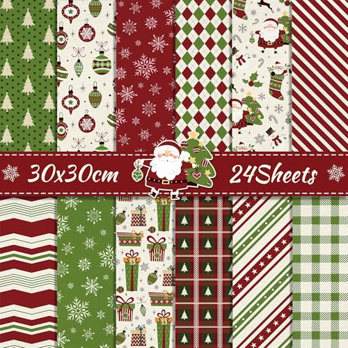 24 Blatt Motivpapier Weihnachten Scrapbook Papier Rot Grün Origami Weihnachten Bastelpapier Basteln Motivpapier,12 Designs Scrapbook Craft Papier Karte Herstellung DIY Hintergrundpapier,12x12Inch
