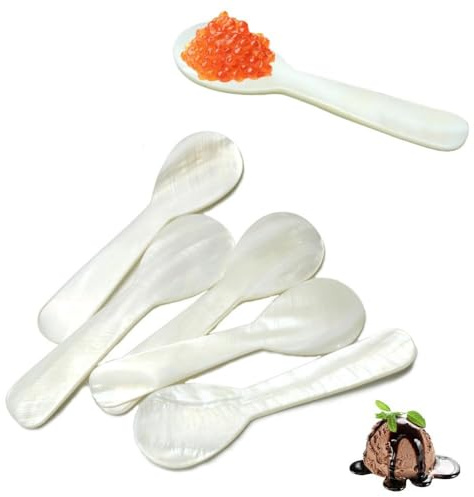 5 cucharas de caviar, 2.73 pulgadas, cuchara de nácar con mango redondo hecho a mano, cuchara de concha para caviar, huevo, helado, yogur, café, sal, azúcar, pasteles, servicio de restaurante