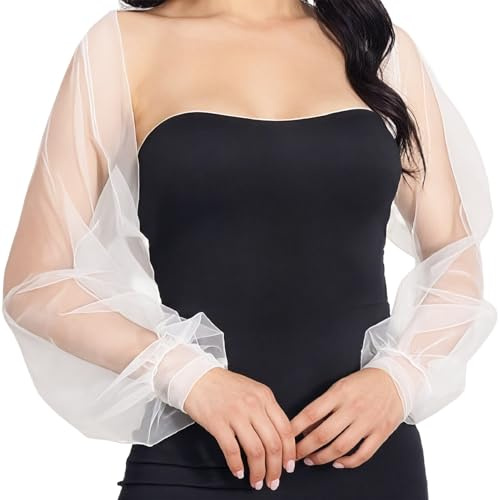 NICENEEDED Wedding Tulle Bolero Shrug, Evening Jacket Bridal Arm Sleeves Cover, Long Sleeve Bridal Party Mesh Cardigan for Women and Bride Dresses White