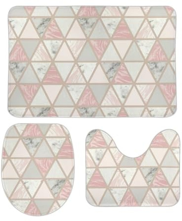 Cmagnifico Bathroom Mat Sets 3 Piece, Rose Gold Grey Marble Bath Mat And Toilet Mat Set, Non-Slip Toilet Mat for Bathroom, Toilet