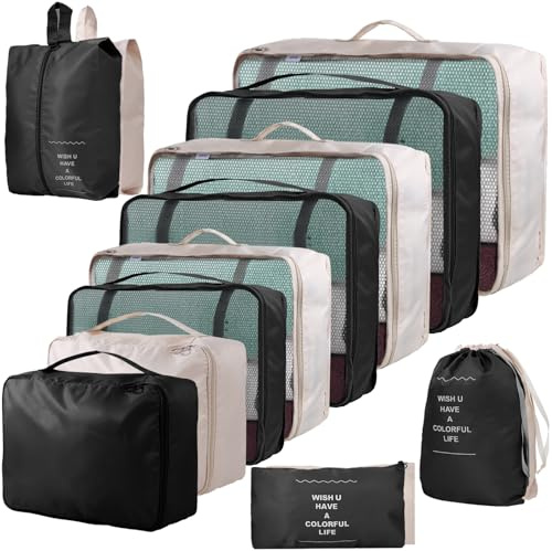 14-teilige Zweifarbige Koffer Organizer, Kofferorganizer Reisezubehör – Packwürfel, Packing Cubes & Packtaschen, Ordnungssystem für Koffer bei Urlaub & Reisen (14, Schwarz & Beige)