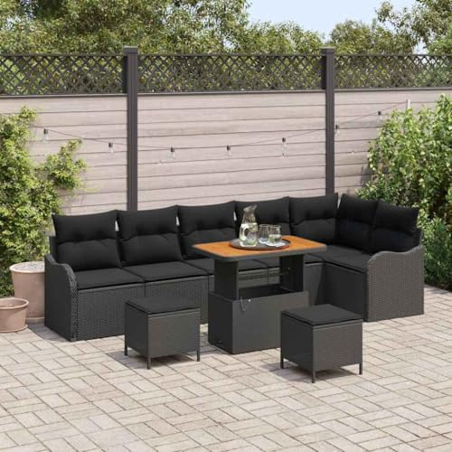 Hoopleep Garten-Sofa-Set mit Stauraum, 9-teilig, Schwarz, aus Polyrattan, Akazienholz, für Terrasse, Balkon, Modulares Sofa, Sitzgruppe
