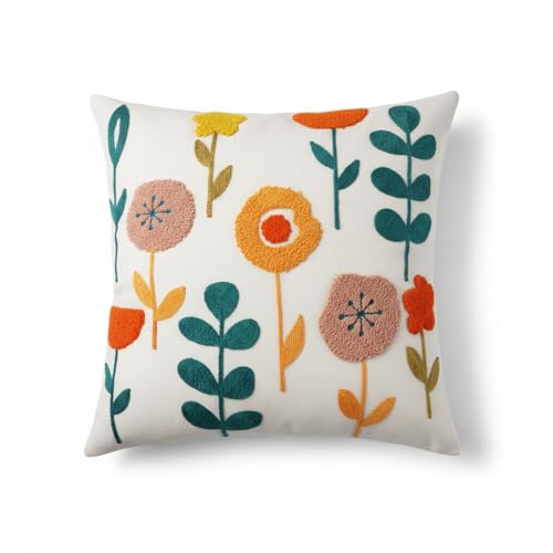 Kissenbezug im Landhausstil Frühling Kissenhülle Blumen Zierkissenbezug | Dekokissen Sofakissen Premium Stickereitechnik Kissenbezüge Deko Kissen für Wohnzimmer Sofa Sessel Zuhause
