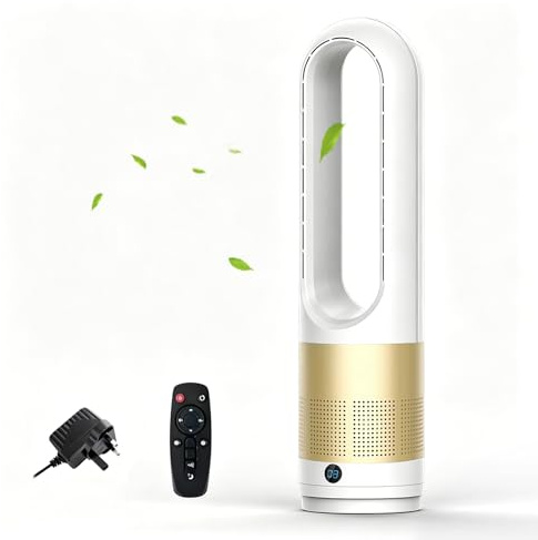 OMUIETIO Bladeless Fan with Remote,80°Oscillating Vortex Air Bladeless Fan,Quiet & Energy Saving,Safe & Easy to Clean,Tower Fan for Bedroom, Living Room & Bedside Table (gold)