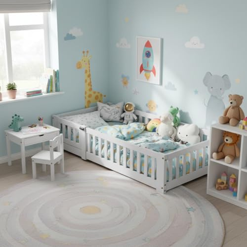 WOBOPCG Kinderbett Bodenbett 120x200 cm,Einzelbett,Montessori Bett mit Türschloss,Bodenbett Kinder mit Lattenrost,Bodenbett aus Holz,Bett mit Rausfallschutz,Abnehmbare Tür,Massivholz (Weiß, 120x200)