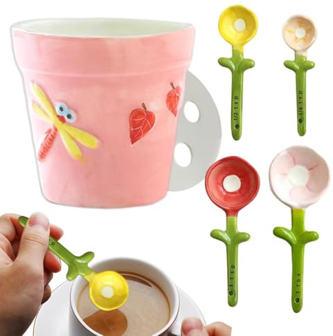 Measuring Spoons Set | Decorative Ceramic Floral Novelty Gadgets Set | Measuring Spoons Cute | Cute Baking Supplies | for Cooking Baking Coffee Dish Kitchen Home House Indoor Table