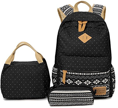 Canvas Daypacks Backpack 3 Teiliges Schultaschen-Set Schulrucksack + Umhängetasche + Mäppchen für Mädchen Damen Jugendliche Schwarz