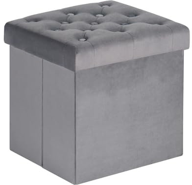 B FSOBEIIALEO Aufbewahrungs-Ottomanenwürfel, Samt, getuftet, zusammenklappbar, mit Deckel, Fußhocker, gepolsterter Sitz für Schlafzimmer (Grau, Medium)