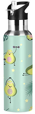 MNSRUU Grüne Avocado-Wasserflasche isoliert für Mädchen Jungen, Edelstahl Wasserflasche mit Strohhalm, 20 oz