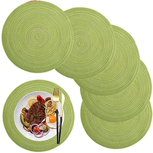 maifey Tischset/Platzset,Rund gewebte Tischsets,Rund Baumwolle Platzsets Abwaschbar,6 Stück, 36cm, für Küche Speisetisch, Party Dekor(Grün)