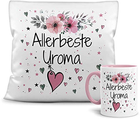 PR Print Royal Geschenk-Set aus Tasse und Kissen mit Füllung - Allerbeste Uroma - Persönliche Geschenkidee für Beste Freunde, Verwandte und Familie - weiß/rosa