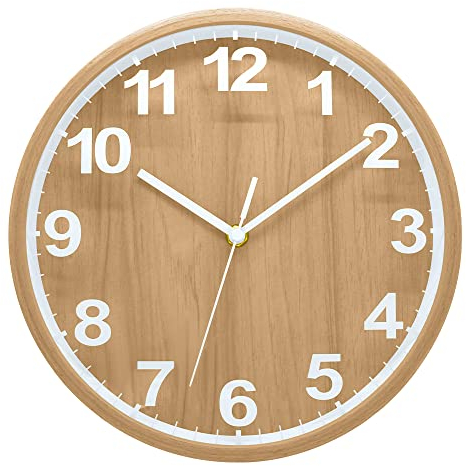 ALEENFOON 10 Zoll Holz Uhr Modern Leise Wanduhren Tischuhr für Wohnzimmer Küche Ohne Tickgeräusche Innenuhr Nicht Tickende Wanduhren Hängende Uhr (Hölzern 2)