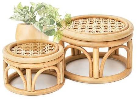 KUTORKILL Set of 2 Small Boho Rattan Wicker Round Riser Plant Stand Indoor,Rustic Farmhouse Natural Wooden Circle Pedestal for Decor & Display, Tabletop, Office Decor