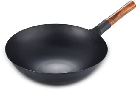 TSTSM Wok en Fer Fait à la Main, Casserole Asiatique avec poignée d'assistance, Wok à Fond Plat, casseroles Noires,-36cm