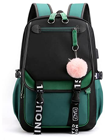 FANDARE Schulrucksack Mädchen Schulranzen Jungen Schultasche mit USB-Ladeanschluss Teenager Daypacks für Damen Universität Reisen Ergonomischer Kinder Schultasche mit Haarballen-Anhänger Grün