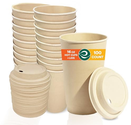 ECO SOUL Tazze calde in amido vegetale compostabili al 100% con coperchi compostabili (100 pezzi, tazze calde) | Bicchieri di carta bagassa usa e getta | Tazze calde ecologiche (naturale, 16 Fl Oz)