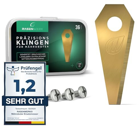 RASENWERK® - Hochwertige Mähroboter Messer mit passenden Schrauben - Universal Ersatzklingen Ersatzmesser für Bosch Indego - Titancarbid legierte Klingen - Rasenroboter Messerset – 36 Stk.