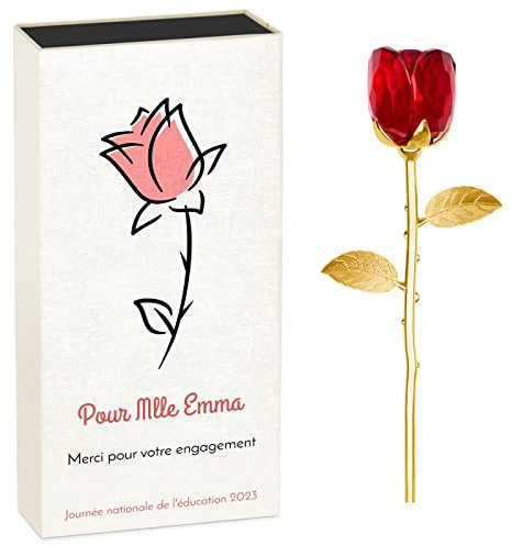 Maverton Rose éternelle en cristal + Boîte à personnaliser - Rose en verre immortel - avec impression - Souvenir pour institutrice - remerciement pour prof - pour directrice - éducation