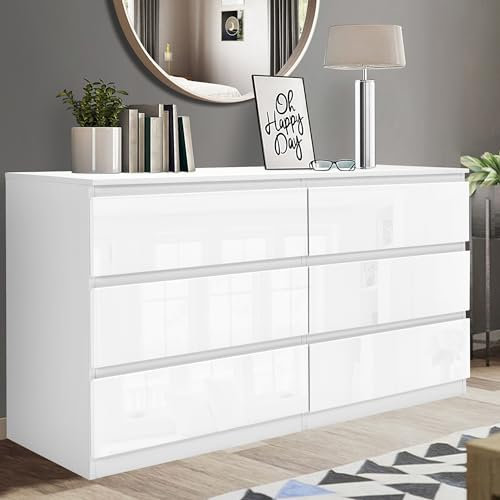 Blisswood White High Gloss Chest of Drawers 6 Drawer Bedroom Storage Cabinet with Metal Runners, Chest for Clothes Storage, Modern Living Room Hallway Nursery Office Furniture (42D x 120W x 77H cm)