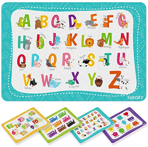NiBaby Kids' Non Slip Educational Placemats Set of 4 Washable, Children's Interactive Placemats Foldable, Toddler Placemats for Learning Alphabet, Numbers, Shapes, Colors- Durable Reusable PU Leather