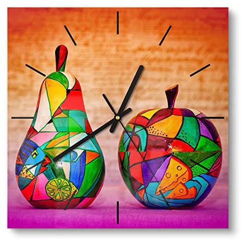 DEQORI Glasuhr | 30x30 cm | Motiv Bunte Holzfrüchte | ausgefallene leise Design Uhr aus Glas | Wanduhr für Wohnzimmer & Küche | Moderne Hingucker Uhr für die Wand