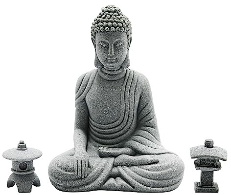 Hoypeyfiy Meditations-Buddha-Set, Zen-Gartenzubehör, sitzende Buddha-Statue und runde Steinlaterne, bogenförmige Laterne für Heimdekoration, Mikro-Landschaftsdekoration, Hof, Gartendekoration