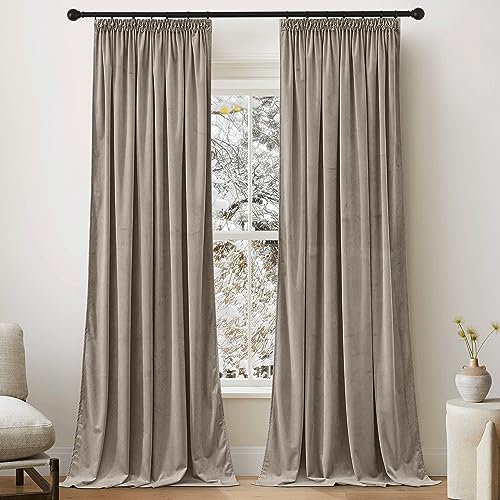 PONY DANCE Wohnzimmer Gardinen Samt Kräuselband (Gewicht: 300g/m²) Samtvorhänge Taupe 2er Set H 260 x B 132 cm Thermo Vorhang Kälteschutz Black Out Curtains Velvet Verdunklungsvorhänge