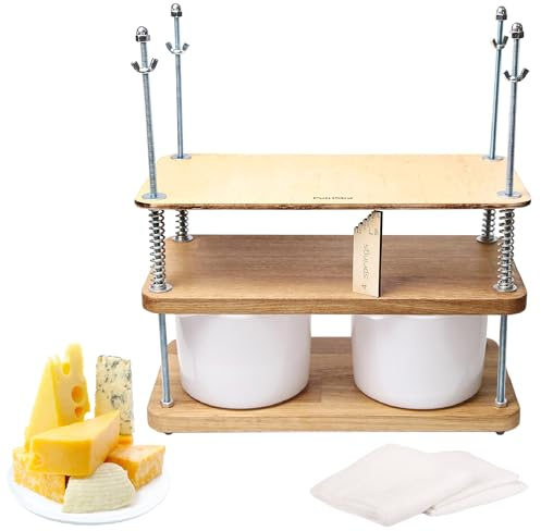 Käsepresse aus Holz für Käseherstellung, 40,6 cm, natürliche Eiche, 18 mm dick, Käse-Set mit Käsepresse aus Holz und 2 Käseformen, 0,6 l, Seihtuch, Federn und Messskala im Lieferumfang enthalten