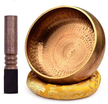 Singing Bowl,HUIOP Tibetan Singing Bowl Set with 20.5cm/ 8inch Large Handmade Metal Sound Bowl & Soft Cushion(Random Color Delivery) & Wooden for Meditation Sound Chakra Healing Yoga Relaxation,Buddhi