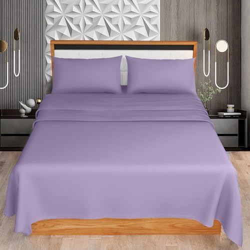 KOHSAR Lilac Double 4 Pieces Sheet Set (Flat Sheet + Fitted Sheet + 2 Pillowcases) - Lilac Bed Sheets Double Bedding Set - Easy Iron Double Bed Sheets Set - Poly Cotton Double Bed Sheet Set