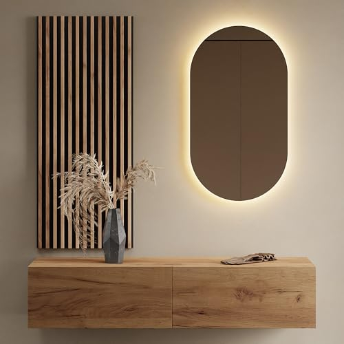 Planetmöbel Flur Möbel Garderobe 1x 140cm Gold Eiche, Wandpaneel 50cm Gold Eiche/Anthrazit mit Spiegel 50cm (ohne LED), Wandgarderobe 32,5H x 140B x 37,8T cm