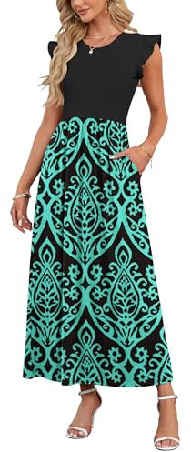 AUSELILY Women Summer Maxi Dress Ruffle Petal Short Sleeve Dresses with Pockets Casual Round Neck Floral Print Long Dress Black Green,M