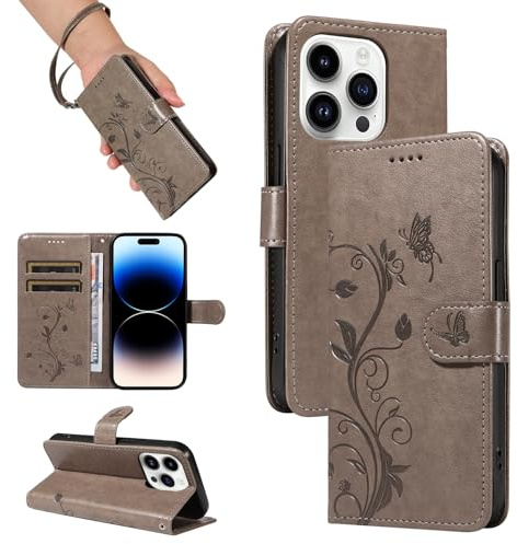 SRISHP Cover per iPhone 14 Pro Max Custodia, Gris | Magnetica Cover a Libro, Portafoglio con Slot per Schede, Custodia in PU Pelle, Supporto Stand Cover