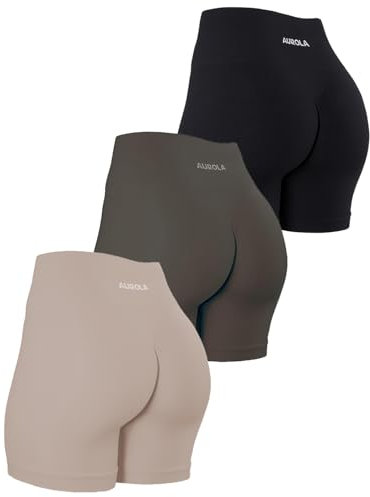 AUROLA Power-Workout-Shorts für Damen, Bauchkontrolle, Kniebeugenfest, gerippt, dick, nahtlos, Scrunch Active Shorts, Packung (Schwarz/Natur/Kastanienbraun), Klein