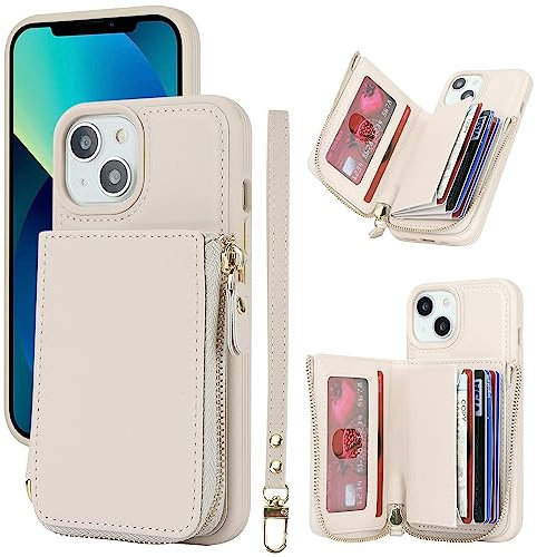 SunYoo Schutzhülle für iPhone 12 mit Kartenhalter, iPhone 12 Brieftaschen-Schutzhülle für Damen, iPhone 12 Pro, Handyhülle mit Riemen, Reißverschlussabdeckung mit Münzfach, Umhängeband, Beige