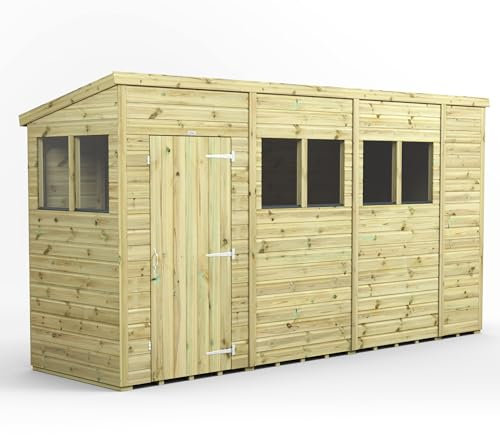 Powersheds High Grade Premium Pressure Treated Pent Shed Garden Wooden Shed with Heavy Duty Frame, Door & Window Flexibility made from Extra Thick Timber & Toughened Glass (14x4)