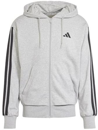 adidas Homme Essential Three Stripes French Terry Fullzip Hoodie Sweatshirt, Medium Grey Heather/Black, XXL