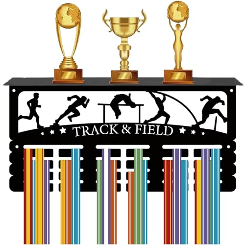CREATCABIN Leichtathletik-Medaillenhalter,Medaillenaufhänger Mit Trophäenregal,Metallrahmen Zur Wandmontage,Eisen-Sportmedaillenständer,Organizer Zum Aufhängen,Laufen,Werfen Auszeichnungen,40x20x10cm
