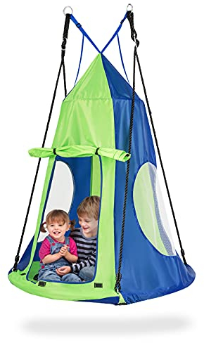 KOMFOTTEU Nestschaukel mit Zelt Ø100 cm, Kinderschaukel Tellerschaukel mit Fenster & höheverstellbaren Seilen, Gartenschaukel Hängezelt 150kg belastbar für Kinder, Indoor & Outdoor (Grün)
