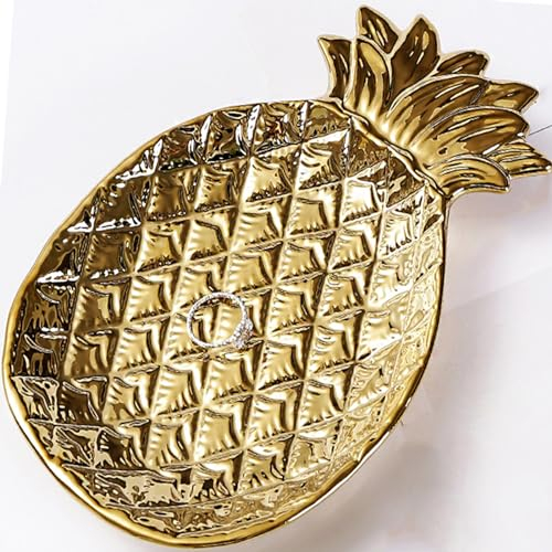 Disoza Dekotablett Ananas Schlüsselschale Gold Schmucktablett Keramik Deko Schale für Schlüssel Schmuck Porzellan Deko Tablett Teller Geburtstagsgeschenk für Frauen Freundin (19,5 * 13,5cm)