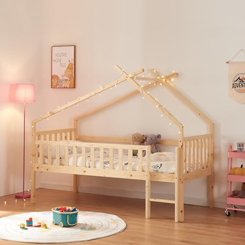 [en.casa] Letto a Casetta per Bambini Rialzato in Legno di Pino - Cameretta con Sbarre e Scaletta Integrata - Zona di Riposo 90x200 cm Color Naturale
