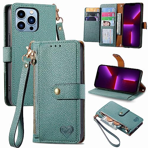 VEEMOS Zipper Wallet Case for Apple iPhone 13 Pro Phone Case with Purse Card Holders RFID Blocking Leather Flip Case Book Cover Wrist Strap Women - Green