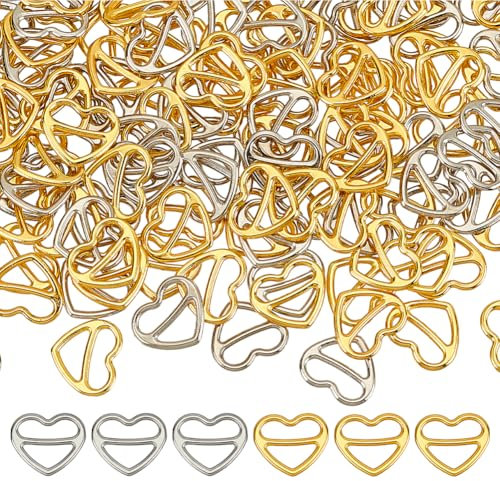FINGERINSPIRE 120pcs Heart-Shaped Bra Strap Sliders Platinum & Golden Bra Strap Rings Alloy Bra Strap Clips 14x12.5mm Bra Strap Slide Replacement for Sewing Bikini Halter Swimsuit Tops Lingerie Rings