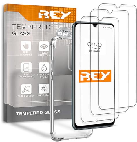 REY 3X Protector de Pantalla y Funda Anti-Shock para OPPO A9 2020 - A5 2020, Cristal Vidrio Templado y Silicona TPU de Alta Resistencia