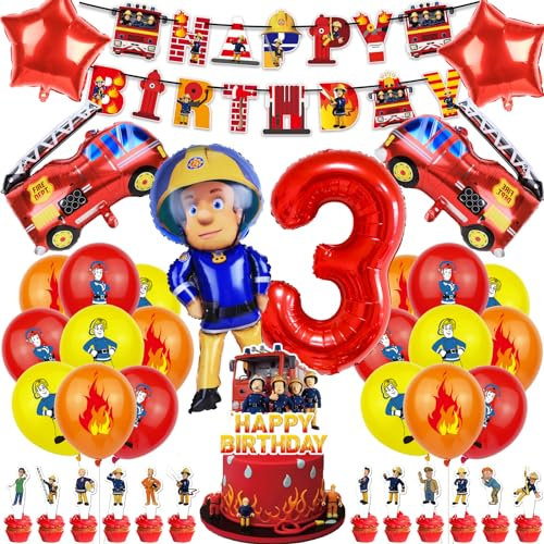 38 Stück Feuerwehr Geburtstag Deko, Feuerwehrmann Luftballons Partyset, Kindergeburtstag Luftballons mit Tortendeko, Feuerwehr Geburtstagsdeko für 3 Jahre Junge und Mädchen Party Dekoration